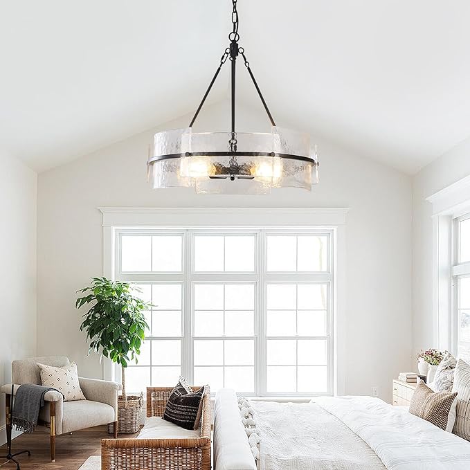 Black 22" Farmhouse Glass Chandelier - Modern Round Foyer Lighting Fixture for Dining Room, Kitchen Island, Bedroom, Living Room, Entryway