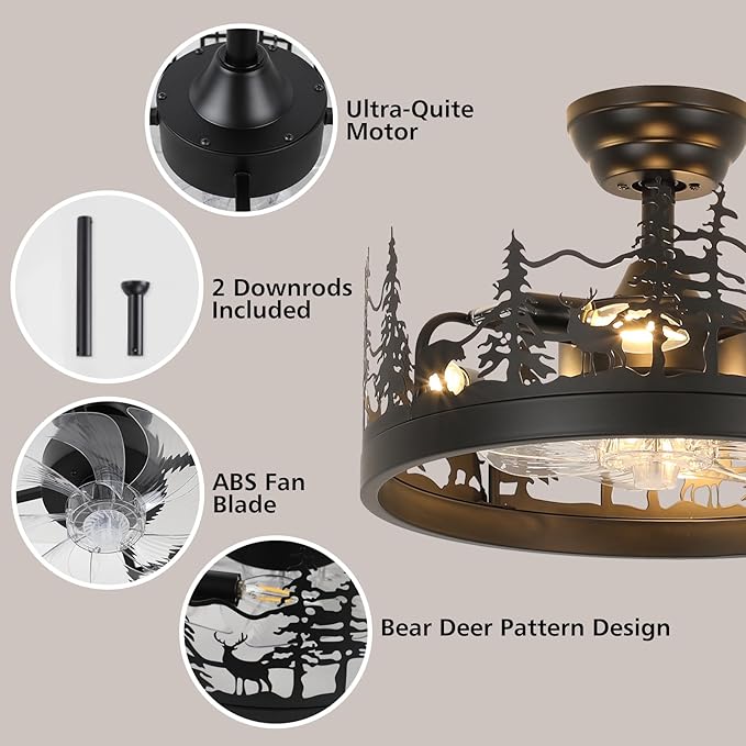 Farmhouse Rustic Ceiling Fan with Light and Remote, Black Rustic Fan with Bear and Deer Design, Adjustable Height, Rustic Deer Antler Fan for Living Room, Bedroom, Hallway Lighting