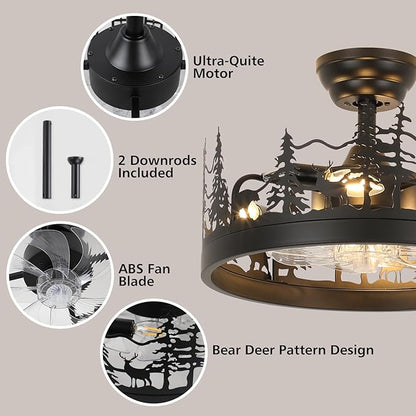 Farmhouse Rustic Ceiling Fan with Light and Remote, Black Rustic Fan with Bear and Deer Design, Adjustable Height, Rustic Deer Antler Fan for Living Room, Bedroom, Hallway Lighting