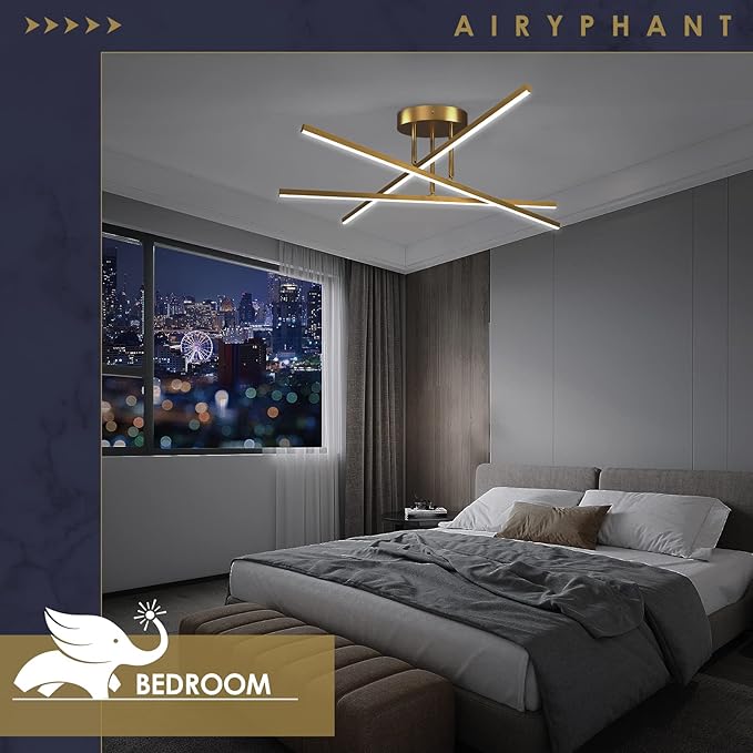 Gold LED Chandelier, 3-Lights Modern Semi Flush Mount Ceiling Lighting Fixture for Kitchen Dining Room Foyer Entry Bedroom, 23.82” 24W