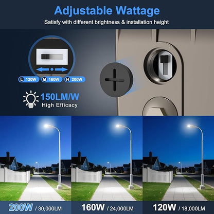 KUKUPPO 200W LED Parking Lot Light Power Adjustable, UL Listed LED Shoebox Parking Pole Light 30,000LM Commercial 5000K IP65 Waterproof Outdoor Area Lighting with Slip Fitter 100-277VAC