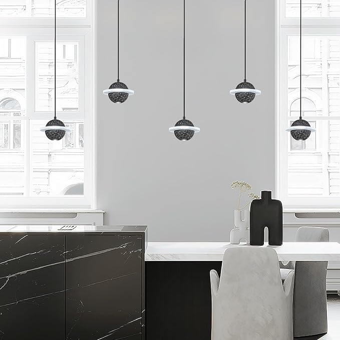 Modern LED Pendant Light Fixtures,Concrete Pendant Lights Kitchen Island, Planet Pendant Lighting Adjustable for Dining Living Room Bedroom Kitchen Island(Black 1-Pack)