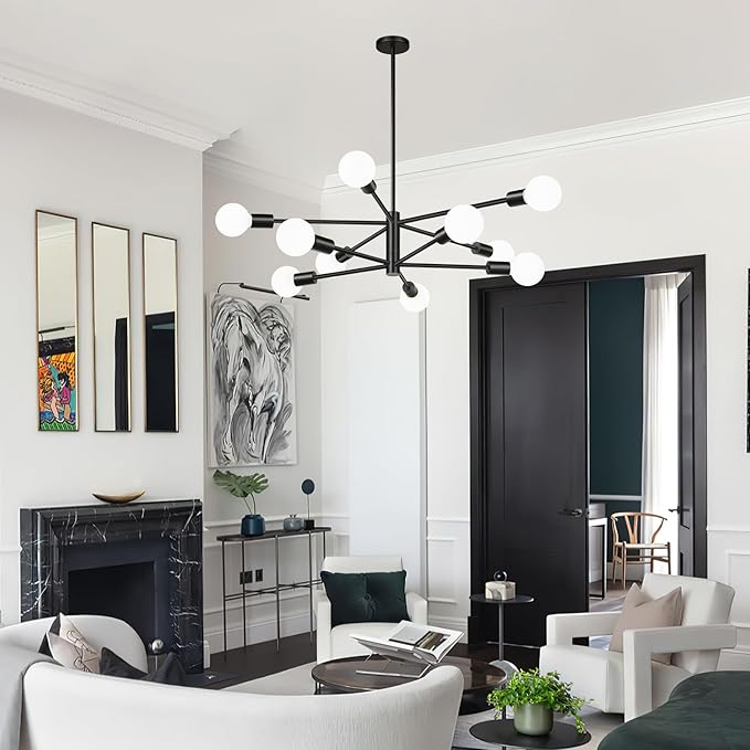 MQMQA Sputnik Chandeliers Dining Room Light Fixture (10-Light, 32-Inch), Modern Black Chandelier, Height Adjustable Mid Century Modern Chandeliers for Dining Room Kitchen Island (Bulbs Not Included)