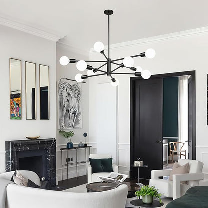 MQMQA Sputnik Chandeliers Dining Room Light Fixture (10-Light, 32-Inch), Modern Black Chandelier, Height Adjustable Mid Century Modern Chandeliers for Dining Room Kitchen Island (Bulbs Not Included)