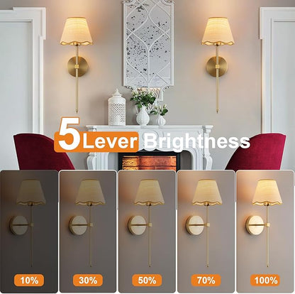 ADISUN Battery Operated Wall Sconce Set of 2, Gold Wall Lamps Rechargeable Bulbs for Living Room, Rattan Shade Wireless Wall Lights for Bedroom Living Room Hallway Kitchen(2 Bulbs Included)