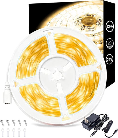 4000k 20FT Led Strip Lights for Bedroom Dimmable 10 FT 180 LEDs Rope Light Flexible Super Bright White Tape Lights for Ceiling Room Home Decor Luces LEDs for DIY Living Room Kitchen Vanity