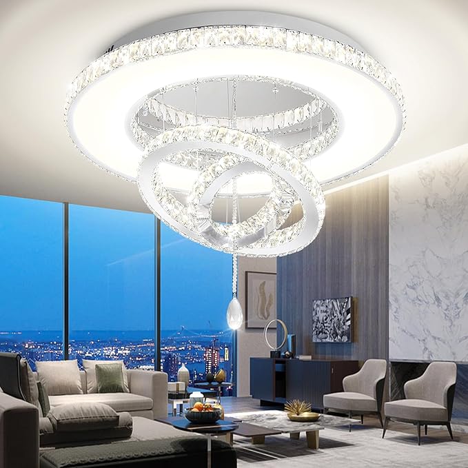 Flashing God Dia 32'' Modern Crystal Chandeliers for Living Room Crystal Flush Mount Ceiling Chandelier Large Chandeliers for Dining Room Bedroom Chrome LED Dimmable 3000-6000K