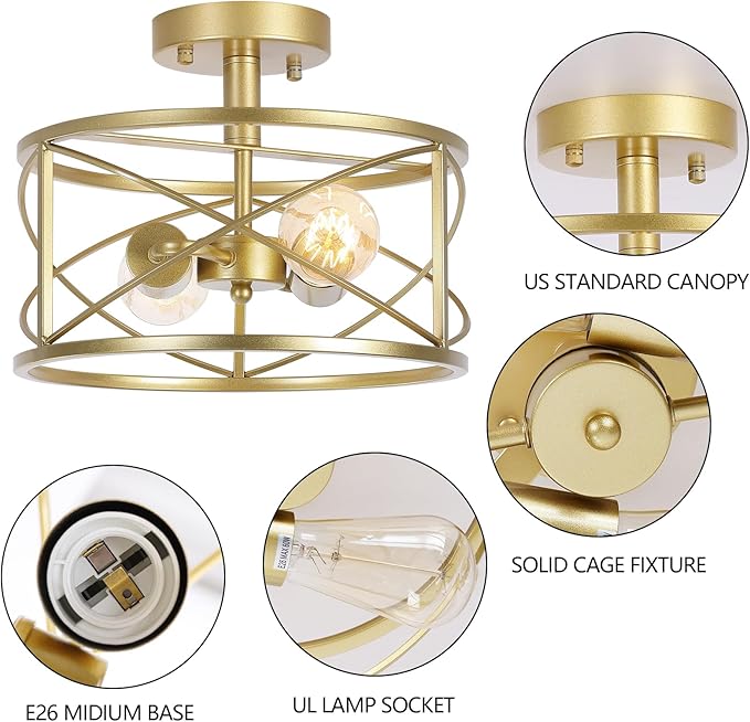 2-Light Semi Flush Mount Matte Gold Ceiling Light Fixture, Farmhouse Industrial Metal Cage with Adjustable Height, Dimmable for Hallway Entryway Kitchen Bedroom Foyer Laundry Low Ceiling