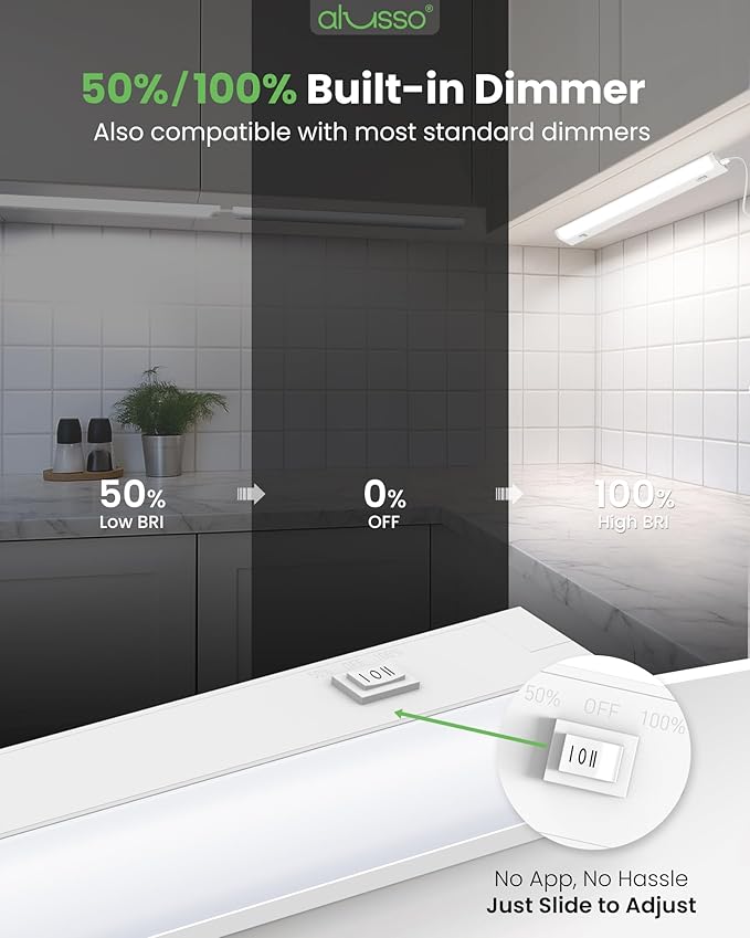 ALUSSO 12 Inch LED Under Cabinet Lighting Plug in 120V, 5CCT Color Selectable 2700K-5000K Dimmable 6W 480LM High Brightness, CRI 90+ Strip Linkable Under Counter Lights for Kitchen Sink, 1 Pack