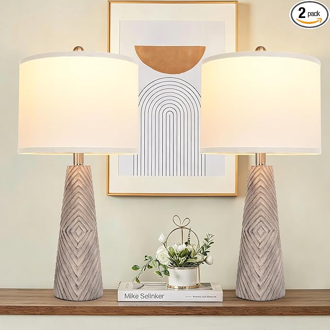 Terpsichore Nightstand Lamp Bedside Lamps Set of 2 Vintage Rustic Farmhouse Table Lamp 3 Way Dimmable Horizontal Stripe Light,for Living Room Bedroom,USB A+C (Gray, Hing 24 in)