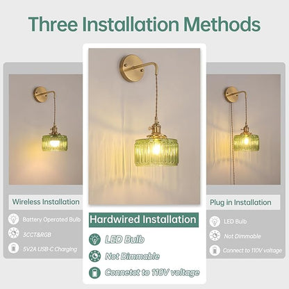 Shenmoyl Vintage Wall Sconce Wall Lamp with Green Striped Shade Pattern Glass Adjustable Chain Retro Gold Wall Mounted Light, Modern Wall Lamp Fixtures Decor for Bedside Bedroom Indoor Doorway