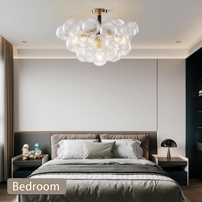 Bubble Ball Semi Flush Mount Ceiling Light Fixture, 24" Bubble Chandelier, Modern Hand Blown Glass Chandelier for Bedroom, Living Room, Dining Room (24” Black Ceiling Light)