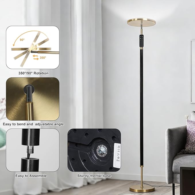 Wood Floor Lamp 30W 3000Lm Super Bright LED Wooden Floor Lamp, Remote Control 69" Tall Standing Lamp Stepless Dimming & Color Temperature Adjustable, Modern Torchiere Lamp for Bedroom, Office Black