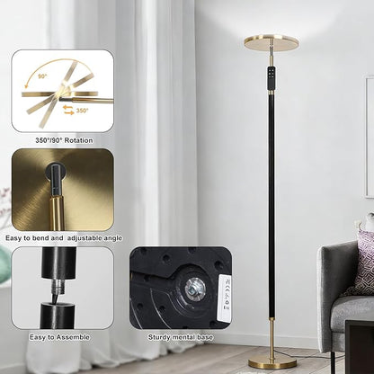 Wood Floor Lamp 30W 3000Lm Super Bright LED Wooden Floor Lamp, Remote Control 69" Tall Standing Lamp Stepless Dimming & Color Temperature Adjustable, Modern Torchiere Lamp for Bedroom, Office Black