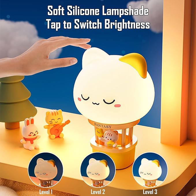 Hot Air Balloon Rechargeable Night Light, Safe Soft Silicone Material, 3 Brightness Levels, Tap Control, Warm Light, Toddler Sleeping Lamp, Bedroom Night Lamp, Gift for Baby and Kid (Cat)