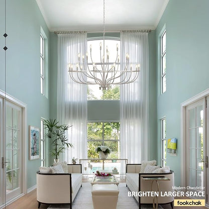 24 Light Brushed Nickel Chandelier 51'' Large Candle Chandeliers for High Ceiling Foyer Modern Classic Chandelier Light Fixture for Large Living Room Dining Room Stairs Entry Restaurant Hotel