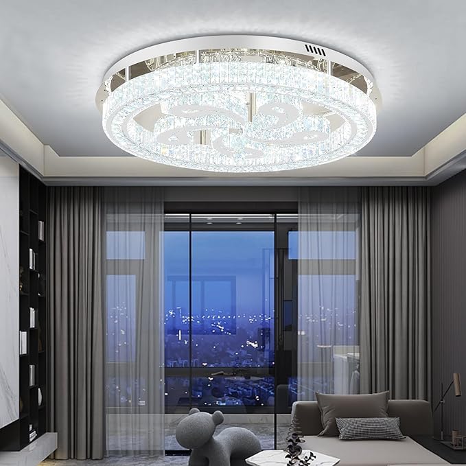 Modern Crystal Chandeliers for Dining Room Flush Mount Ceiling Chandelier for Living Room Dining Room Ring LED Crystal Ceiling Light (Round,32in Silver,Dimmable 2700K-6500K)