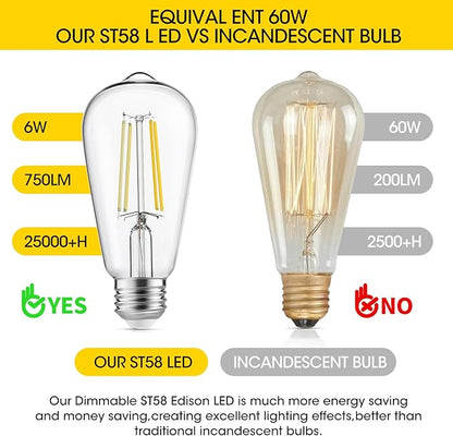 Gozelux Vintage LED Edison Bulbs, 6W, Equivalent 60W, High Brightness Cool White 4000K, ST58 Antique LED Filament Bulbs with 90+ CRI, E26 Medium Base, Dimmable, Clear Glass, Pack of 6
