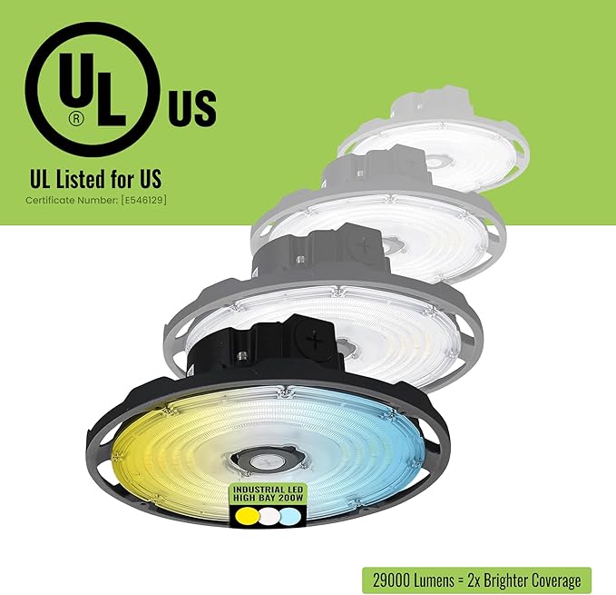 UFO LED High Bay Shop Light, 200W/160W/115W Selectable, 29000 Lumen, Multi-CCT (3000K/4000K/5000K), IP65 Waterproof, UL Certified Warehouse & Garage Lighting (20–30ft Mount)