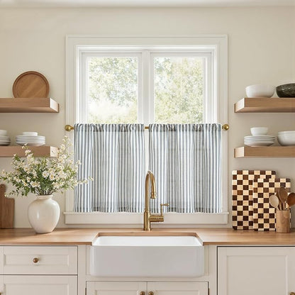 jinchan Striped Linen Kitchen Curtains 20 Inches Length Tier Curtains Farmhouse Modern Cafe Style Small Window Treatments Airy Light Filtering Rod Pocket for Living Room Bathroom 2 Panels Blue