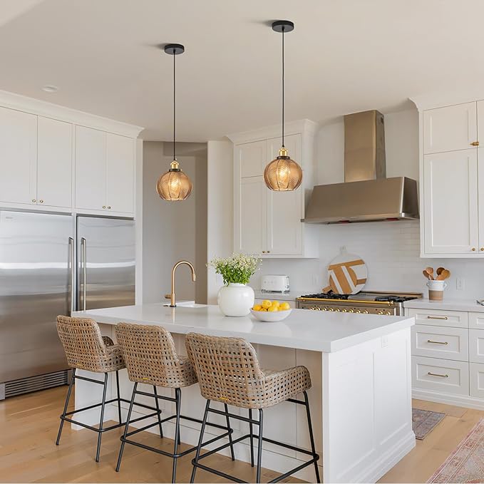 7.8in Vintage Pendant Light 1- Light Kitchen Sink Pendant Lights with Amber Hand Blown Glass Small Hanging Lamp for Kitchen Island Dining Room Bedroom Bathroom Hallway E26