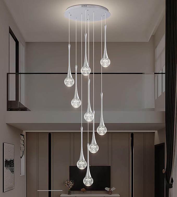 Modern Chrome Crystal Chandelier for High Ceiling 9-Lights, 99 Inches Luxury Spiral Dimmable LED Bubble Raindrop Pendant Lighting Fixture for Staircase Foyer Entryway Living Room