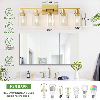MOKATNG 5-Light Bathroom Light Fixtures, Vanity Light with Clear Glass Shades, Brushed Gold Bathroom Light Fixtures Over Mirror, Modern Bathroom Wall Lamp for Mirror Living Room Cabinet Bedroom