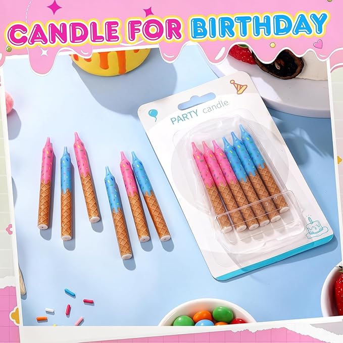 Conelist 12 Pcs Ice Cream Themed Birthday Candles Pink Blue Birthday Decorations Cartoon Movie Cake Toppers for Ice Cream Themed Party Supplies