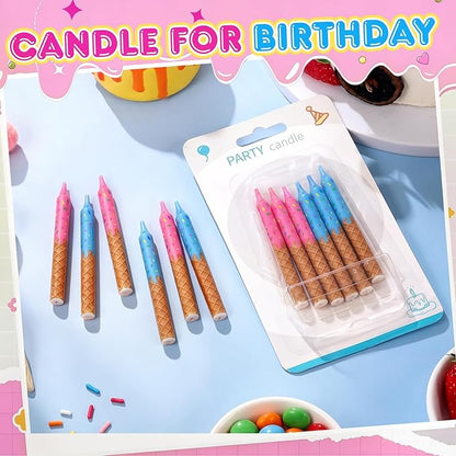 Conelist 12 Pcs Ice Cream Themed Birthday Candles Pink Blue Birthday Decorations Cartoon Movie Cake Toppers for Ice Cream Themed Party Supplies