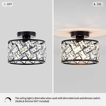 Rpzloila Crystal Ceiling Light Fixture, Modern Semi Flush Mount Ceiling Light,Crystal Chandelier for Kitchen Bedroom Bathroom Entryway, Black Finish
