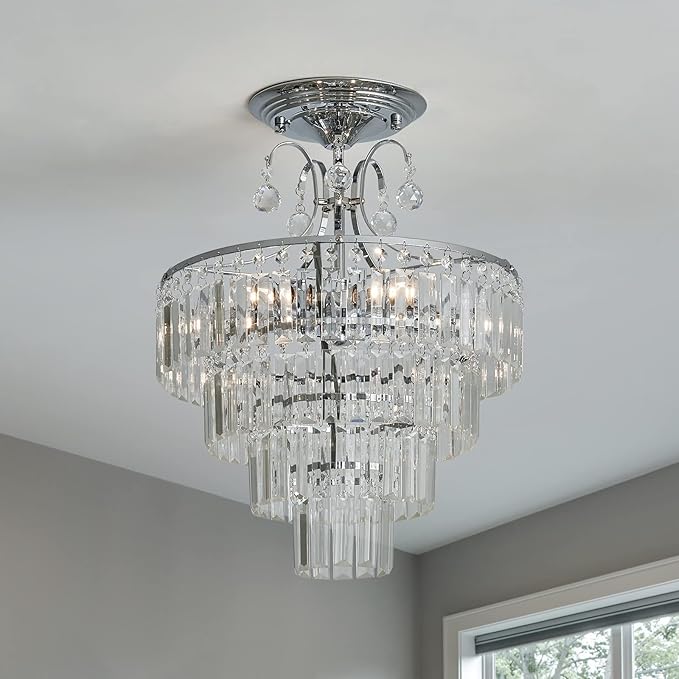 CVKASH 5 -Lights Crystal Chrome Chandelier Antique Modern Semi Flush Mount Ceiling Light Fixture Ceiling Lamp for Dining Room Kitchen Bedroom Living Room Hallway with E12