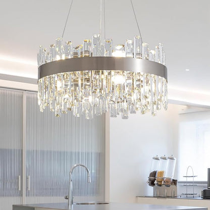 Siljoy 12-Light Modern Crystal Chandeliers Luxury 2-Tiers K9 Crystal Raindrop Chandelier Adjustable Dimmable Crystal Ceiling Light for Dining Room Living Room Bedroom Kitchen D19.7''