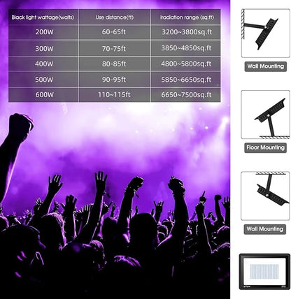 YANYCN 600W 2 Pack LED Black Light 395nm to 405nm UV Blacklight IP66 Waterproof Flood Light Outdoor with Plug and Switch Neon for Party Halloween Fluorescent Poster Body Paint