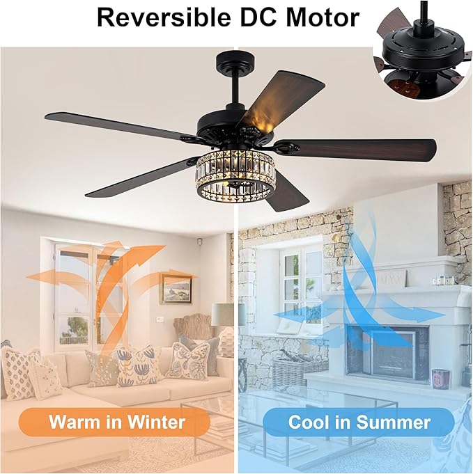 Farmhouse Ceiling Fan with Lights and Remote Large Rustic Ceiling Fan Caged Fandelier Industrial Chandelier Light, Reversible Quiet DC Motor 6 Speed for Indoor Outdoor (Crystal, 60 Inch)
