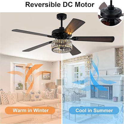 Farmhouse Ceiling Fan with Lights and Remote Large Rustic Ceiling Fan Caged Fandelier Industrial Chandelier Light, Reversible Quiet DC Motor 6 Speed for Indoor Outdoor (Crystal, 60 Inch)