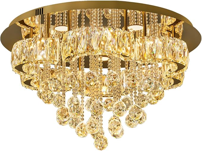 Flashing God W24inches Modern Gold Chandeliers Flush Mount Ceiling Chandeliers for High Ceiling Small Hanging Chandelier Light Fixture Bedroom Dining Room Living Room LED Dimming 2700k 4500k 6000k
