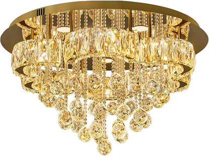 Flashing God W24inches Modern Gold Chandeliers Flush Mount Ceiling Chandeliers for High Ceiling Small Hanging Chandelier Light Fixture Bedroom Dining Room Living Room LED Dimming 2700k 4500k 6000k