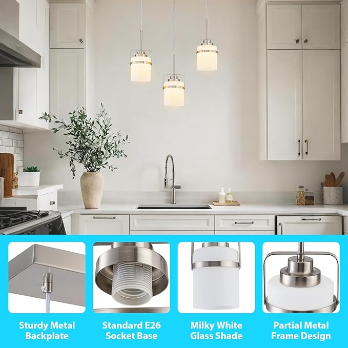 Brushed Nickel 3-Light Pendant Lighting, Adjustable Hanging Light Fixture with Milk Glass Shade, Modern Pendant Light for Kitchen Island Dining Room Bar Over Sink/Table/Counter