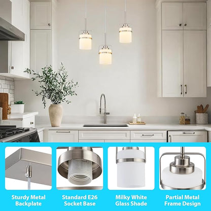 Brushed Nickel 3-Light Pendant Lighting, Adjustable Hanging Light Fixture with Milk Glass Shade, Modern Pendant Light for Kitchen Island Dining Room Bar Over Sink/Table/Counter