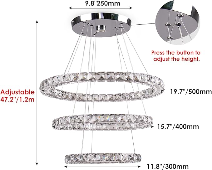 Modern Chandeliers Crystal Ceiling Light 3 Rings Dimmable LED Pendant Light Fixture Ceiling Hanging for Living Room Dining Room Bedroom Kitchen 250mm Base 209 Crystals(Dimmable)