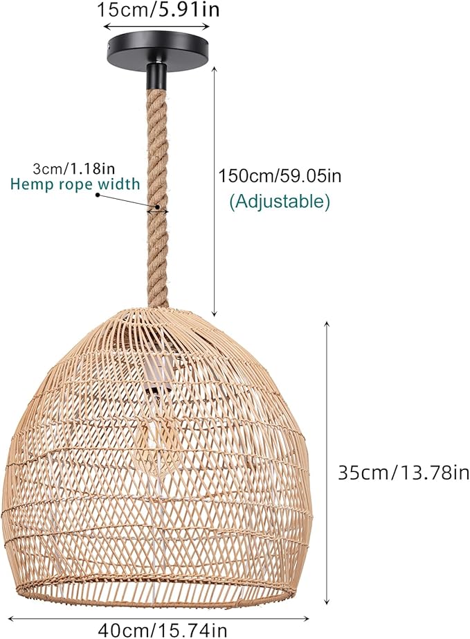 1 Light Rattan Chandelier Woven Pendant Light Fixture, Boho Coastal Wicker Hanging Ceiling Lighting for Kitchen, 15.74"W Large Lampshade for Living Room Bars Restaurants