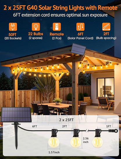 Larkvue 50FT(2x25FT) Solar String Lights Outdoor with Remote, Waterproof Dimmable 3 Modes Patio Lights with 20+2 LED G40 Bulbs for Cafe Bistro-Black