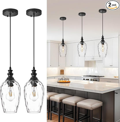 Glass Pendant Lights for Kitchen Island 2 Pack, E26 Modern Black Pendant Light Fixtures with Hand Blown Glass, Adjustable Farmhouse Hanging Light for Dining Room, Entryway & Over Sink Lighting