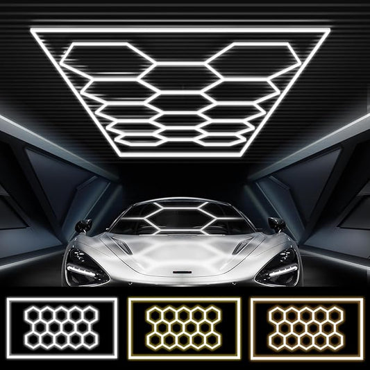 FERUERW Hexagon Garage Lights 14 Grid, 3 Color Temperature(2700/4300/6500K) Dimmable with Rectangle Frame, 14 Hex Grid for Garage, Shop, Basement, Car Detailing Shop etc. with Mounting Clip