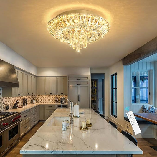 Crystal Chandelier Modern Round Ceiling Light Fixture LED Raindrop Chandeliers Dimmable with Remote for Dining Room Living Room Entryway Hallway Bedroom Gold