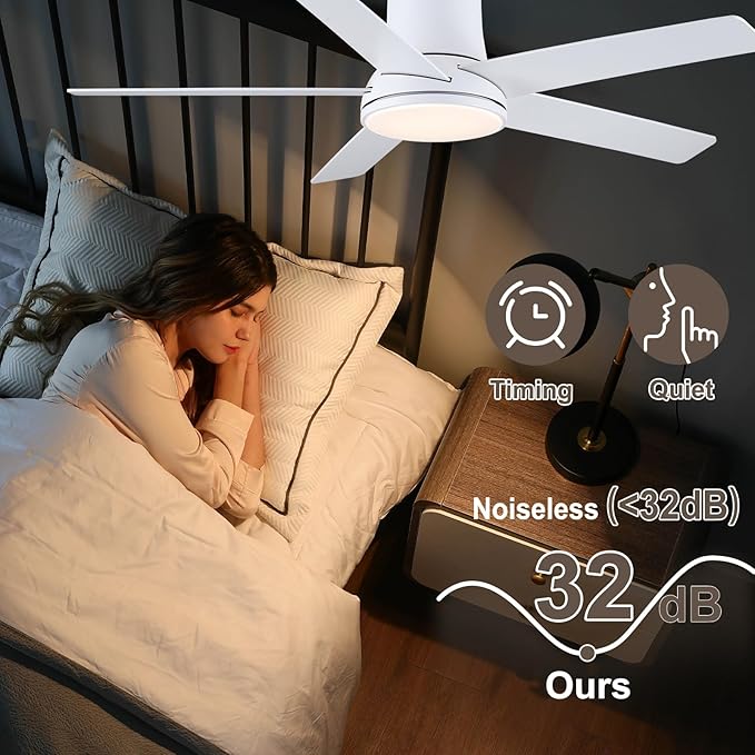 52 Inch Ceiling Fans with Lights and Remote, Flush Mount White Ceiling Fan for Bedroom Living Room Indoor/Outdoor, Quiet 6 Speed Reversible DC Motor, 3CCT, Dual Color 5 Blades, ETL Listed