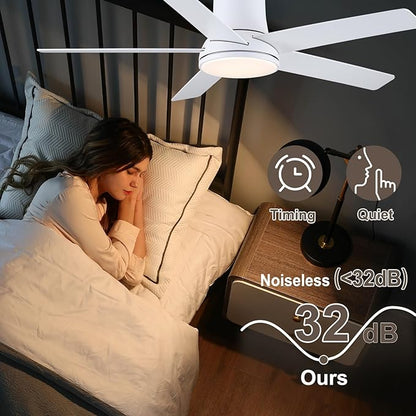 52 Inch Ceiling Fans with Lights and Remote, Flush Mount White Ceiling Fan for Bedroom Living Room Indoor/Outdoor, Quiet 6 Speed Reversible DC Motor, 3CCT, Dual Color 5 Blades, ETL Listed