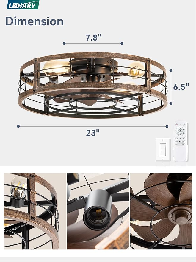 LEDIARY 23" Caged Ceiling Fan with Light and Remote, Low Profile Flush Mount Fandelier, Black Gold Bladeless Enclosed Small Fan Lights Ceiling Fixtures, Rustic Farmhouse Style for Bedroom, Outdoor