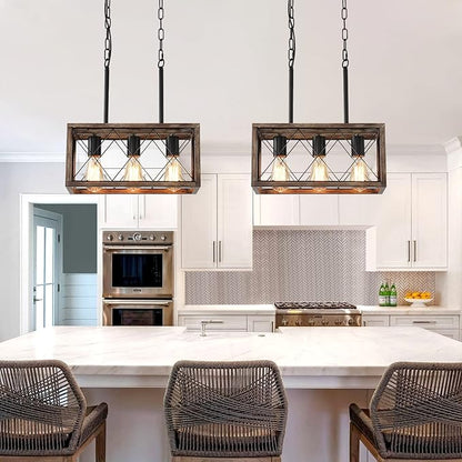 KEESFU Farmhouse Kitchen Island Lighting, 3 Lights Pendant Lighting Fixtures, Adjustable Height, Industrial Dining Room Light for Living Room Foyer Dining Table Over Sink. (Wood Grain Color)