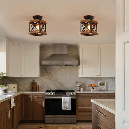 Rustic Farmhouse Wood Flush Mount Ceiling Light Fixture Oak Wood and Metal Square Cage Small Semi Flush Mount Ceiling Light for Kitchen Hallway Entry Bedroom Country Farmhouse, Black